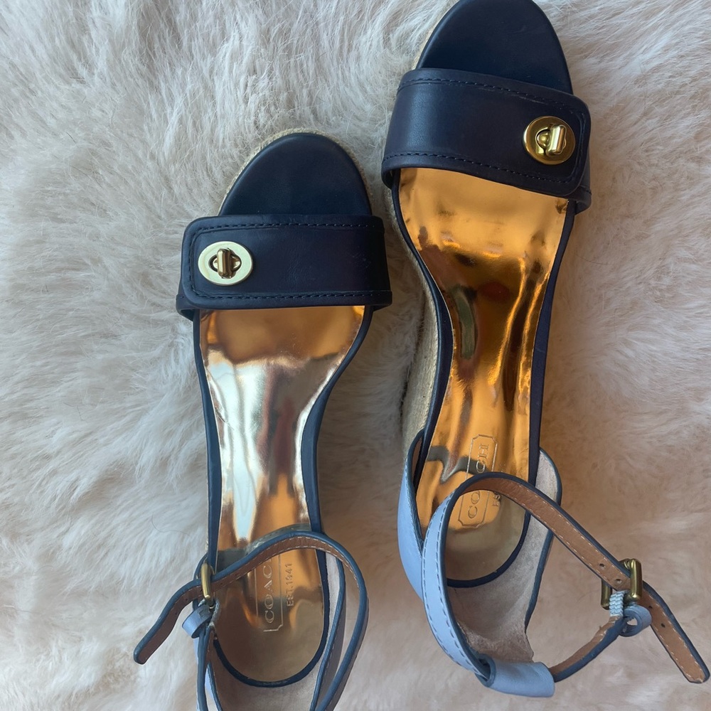 Coach Navy and Tan Wedge Sandals
